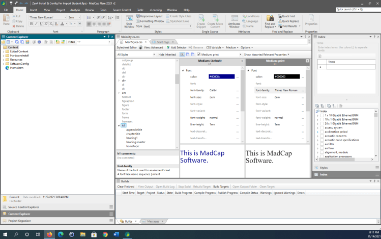 Controls to specify the color of h1 in MadCap Flare