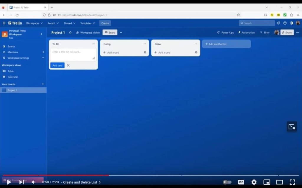 Trello (kanban board) of cards: Do, Doing, Done